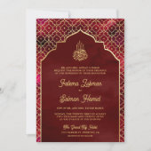 マルーンレッド金ゴールドモロッコアーチムスリム結婚ズ 招待状 (正面)