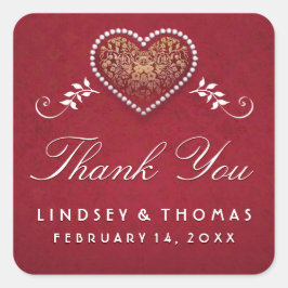 マルーンレッド&ホワイトフローラハート結婚ズサンキュー スクエアシール