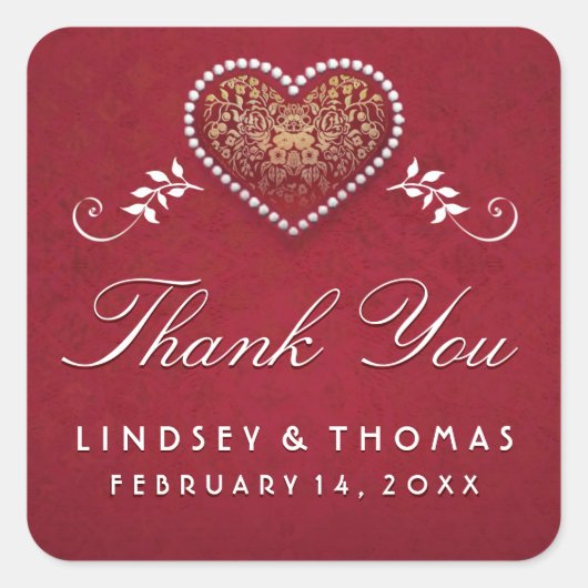 マルーンレッド&ホワイトフローラハート結婚ズサンキュー スクエアシール (正面)