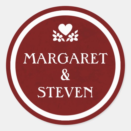 マルーンレッド&ホワイト結婚ズ円名ステッカー ラウンドシール (正面)