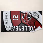 マルーンレッド、白黒バレーボール ビーチタオル (正面)