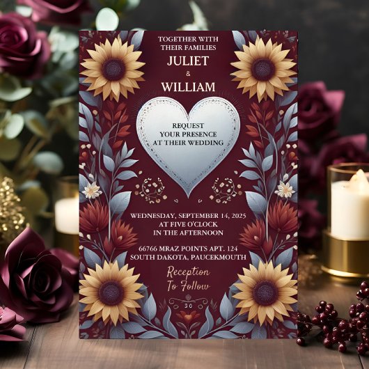 マルーン伝統的秋カップル結婚ブルゴーニュ 箔招待状