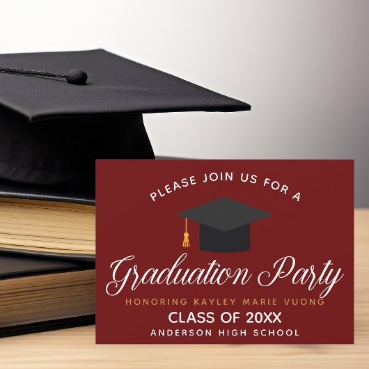 マルーン卒業タイポグラフィカスタムスクールパーティー 招待状