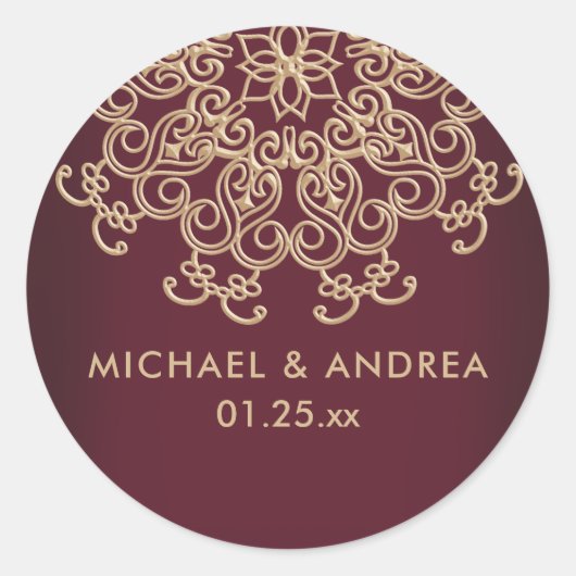 マルーン及び金ゴールドインディアンインスパイアラベル ラウンドシール (正面)