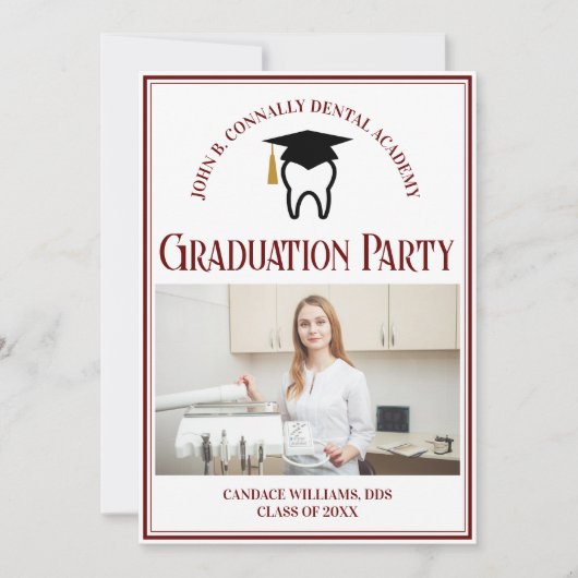 マルーン歯科学校写真カスタム卒業式パーティー 招待状 (正面)