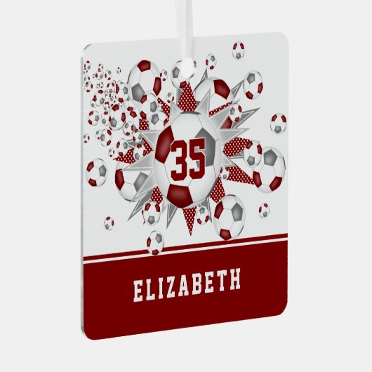 マルーン灰色のサッカーボールが星をパーソナライズされた獲得 メタルオーナメント (正面右)