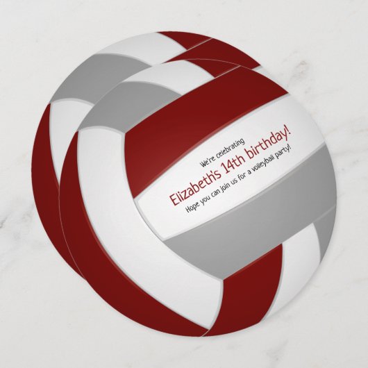 マルーン灰色の子供10代バレーボールお祝い 案内状 (正面/裏面)