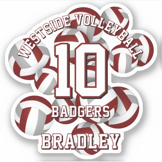 マルーン灰色チームカラーバレーボールの子供の名前 シール (正面)