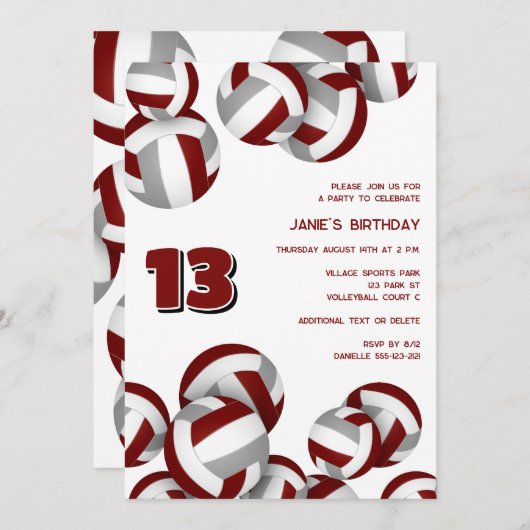 マルーン灰色チームカラーバレーボール子供の誕生日 招待状 (正面/裏面)