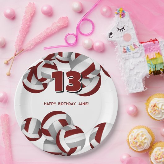 マルーン灰色バレーボール女の子の男の子の誕生日パーティー ペーパープレート (パーティー)