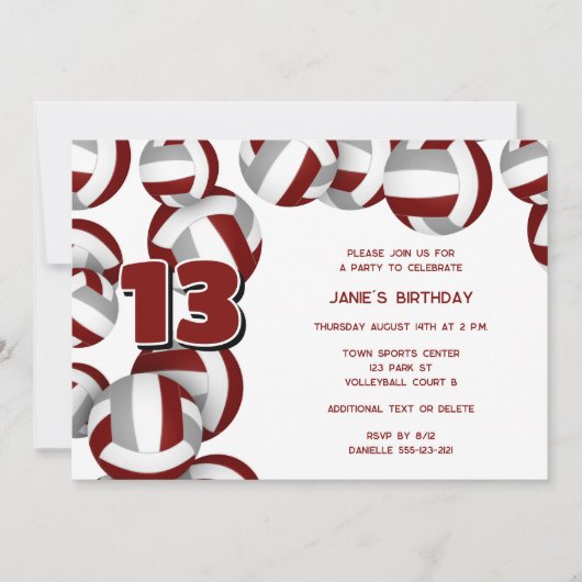 マルーン灰色バレーボール女の子の男の子の誕生日パーティー 招待状 (正面)