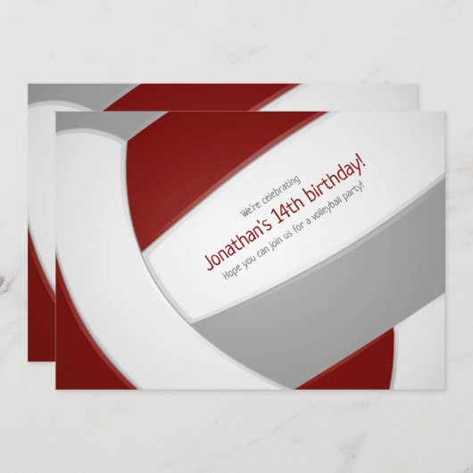 マルーン灰色バレーボール少年少女の誕生日パーティー 招待状 (正面/裏面)