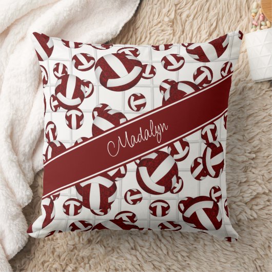 マルーン白いガーリーバレーボールパターン網アクセント クッション (ブランケット)
