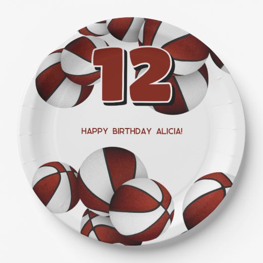 マルーン白いバスケットボール女の子の男の子スポーツパーティー ペーパープレート (正面)