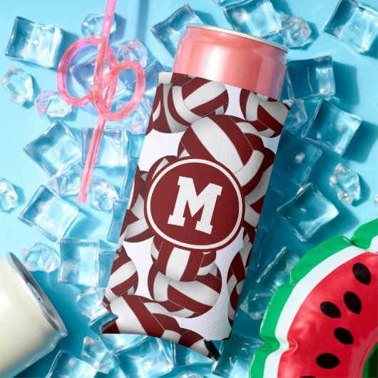 マルーン白いバレーボール模様wプレーヤーモノグラム スリム缶クーラー (インサイチュ 夏)