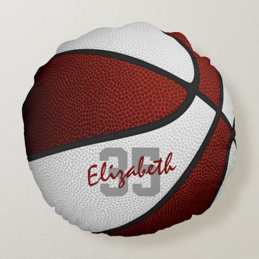マルーン白い女の子の男の子スポーティなバスケットボール ラウンドクッション (裏面)