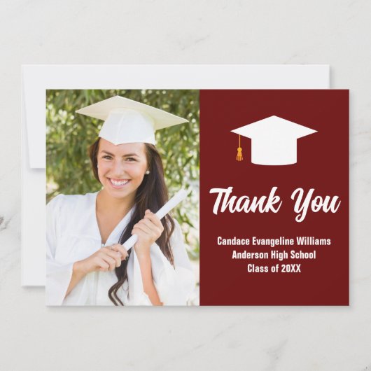 マルーン白の卒業写真パーソナライズされた サンキューカード (正面)