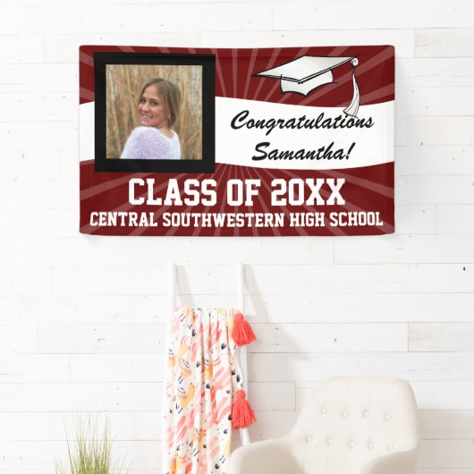 マルーン白カスタム色写真卒業サイン 横断幕 (インサイチュ)