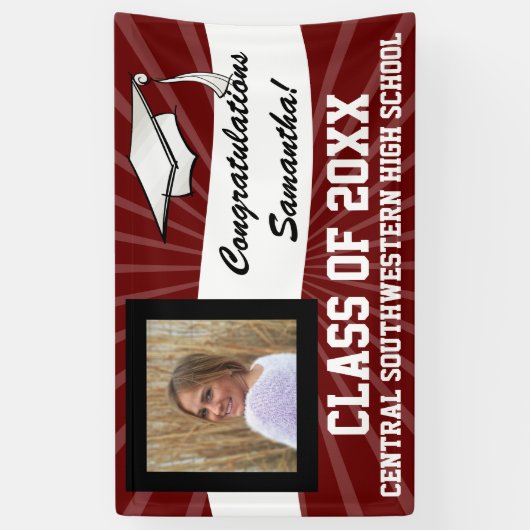マルーン白カスタム色写真卒業サイン 横断幕 (縦)