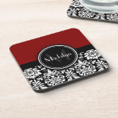 マルーン白黒ダマスクモノグラムレター コースター (左側)