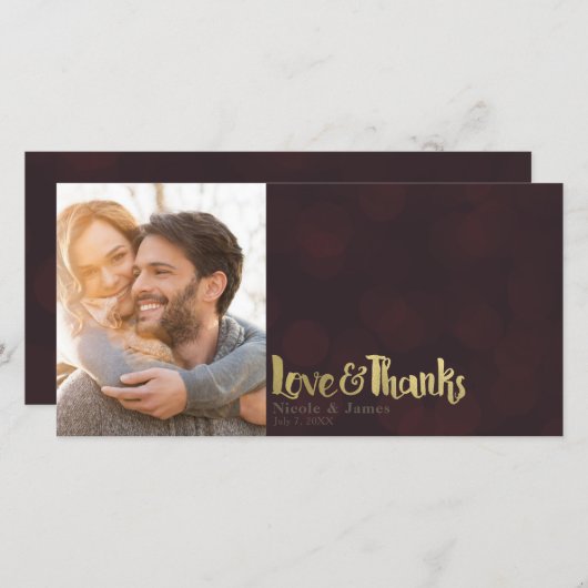 マルーン結婚金ゴールドの写真の愛と感謝していありがとう サンキューカード (正面/裏面)