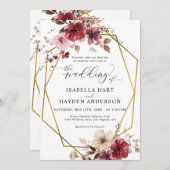 マルーン赤面ベージュフローラオールド金ゴールド結婚ズ 招待状 (正面/裏面)