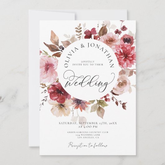 マルーン赤面秋すべて1予算QRコード結婚ズ 招待状 (正面)