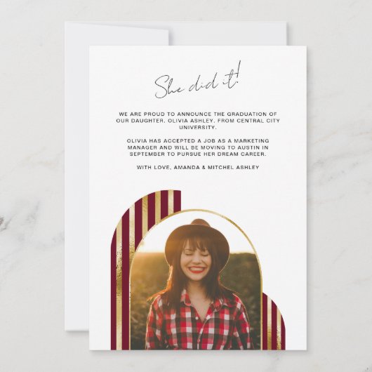 マルーン金ゴールドアーチ写真卒業 案内状 (裏面)