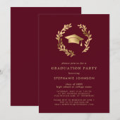マルーン金ゴールドグラードキャップリースシック卒業パーティー 招待状 (正面/裏面)