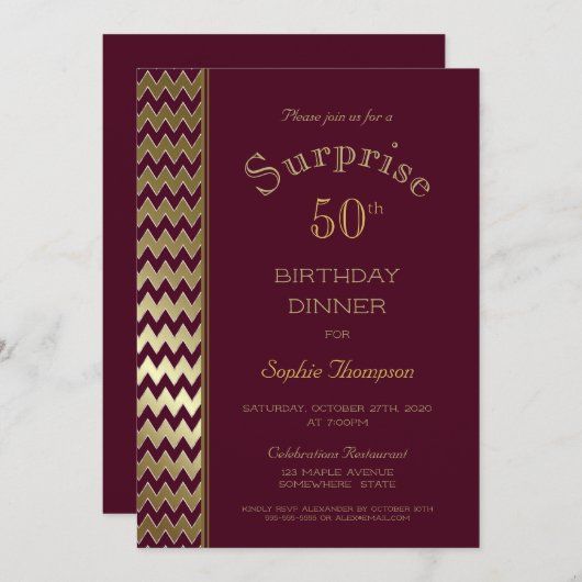 マルーン金ゴールドシェブロンサプライズ50th誕生日ディナー 招待状 (正面/裏面)