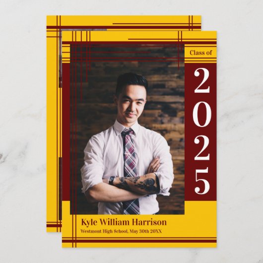 マルーン金ゴールドスクールカラー卒業写真プライド 招待状 (正面/裏面)