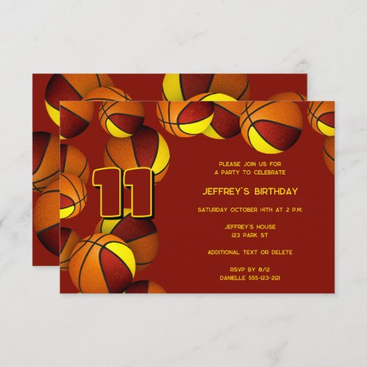 マルーン金ゴールドチームカラーバスケットボール誕生日 招待状 (正面/裏面)