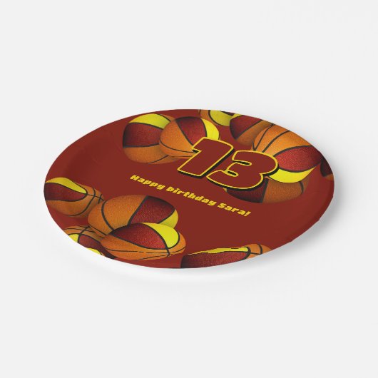 マルーン金ゴールドバスケットボール女の子の男の子スポーツパーティー ペーパープレート (アングル)