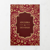 マルーン金ゴールドペイズリーボリウッドスタイル結婚インディアン 三つ折り招待状 (カバー)