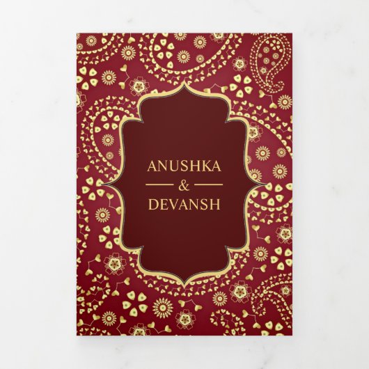 マルーン金ゴールドペイズリーボリウッドスタイル結婚インディアン 三つ折り招待状 (カバー)