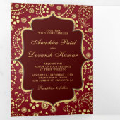 マルーン金ゴールドペイズリーボリウッドスタイル結婚インディアン 三つ折り招待状 (内部最初)