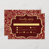 マルーン金ゴールドペイズリーボリウッドスタイル結婚インディアン 出欠カード (正面/裏面)