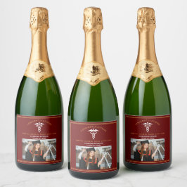 マルーン金ゴールド医学校写真卒業パーティー スパークリングワインラベル