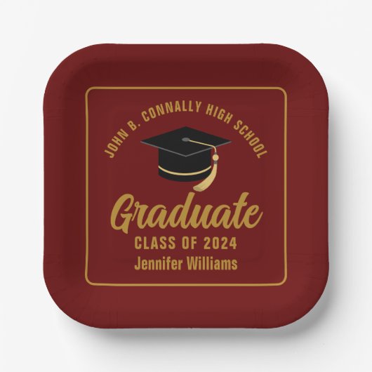 マルーン金ゴールド大学院卒業パーティースクエア ペーパープレート (正面)