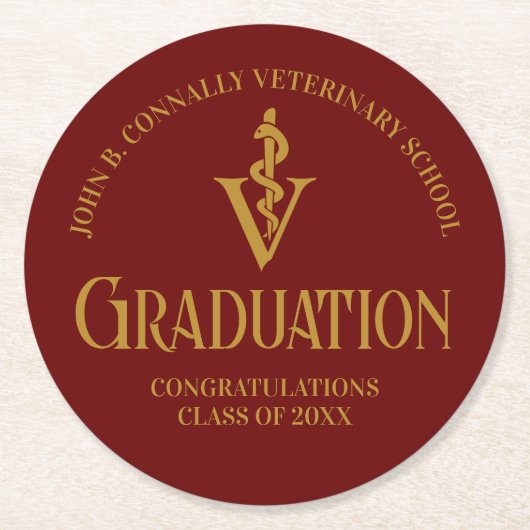 マルーン金ゴールド獣医学校卒業パーティー ラウンドペーパーコースター (正面)