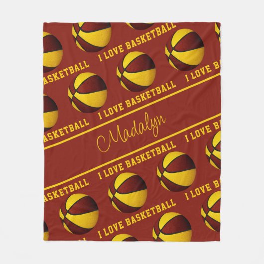 マルーン金ゴールド私はバスケットボールの女の子のスポーツの装飾が大好き フリースブランケット (正面)