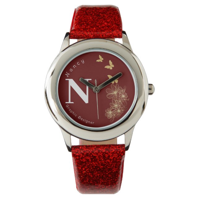 マルーン金ゴールド花蝶ミニマリストの子供 腕時計 (正面)