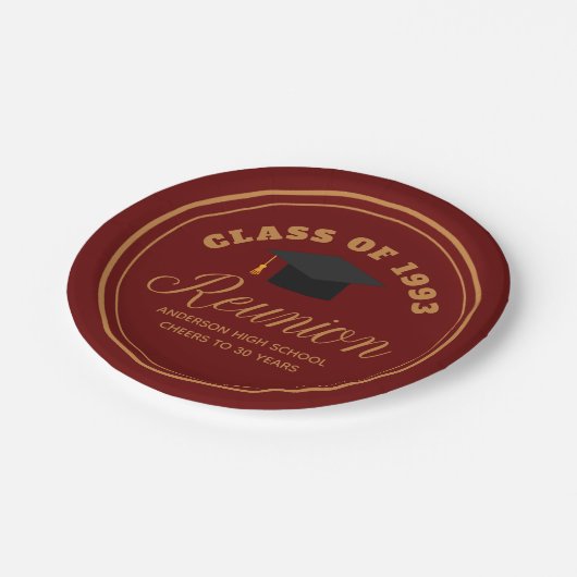 マルーン金ゴールド高校懇親会パーソナライズされたパーティー ペーパープレート (アングル)