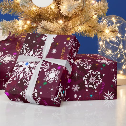 マルーン雪片パターン包装紙 ラッピングペーパー (クリスマス)