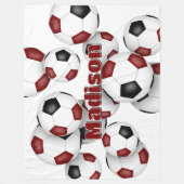 マルーン黒サッカーボールキッズスポーツルーム フリースブランケット (正面)