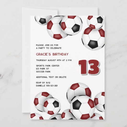 マルーン黒サッカーボール子供の誕生日 招待状 (正面)