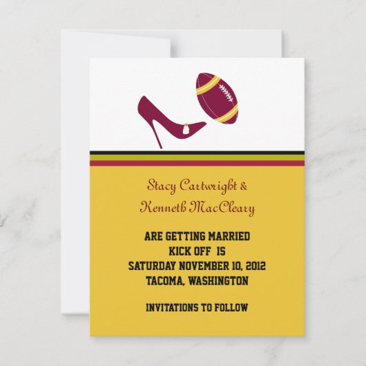 マルーン&イエローサッカーの結婚式の日付を保存 招待状 (正面)