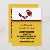 マルーン&イエローサッカーの結婚式の日付を保存 招待状 (正面/裏面)