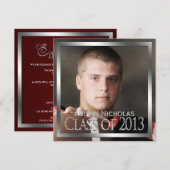 マルーン·シルバー·モノグラム全ページ写真卒業 招待状 (正面/裏面)