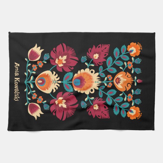 マルーン、ティール(緑がかった色)とパステルイエローフォークワイシナンキ キッチンタオル (横)